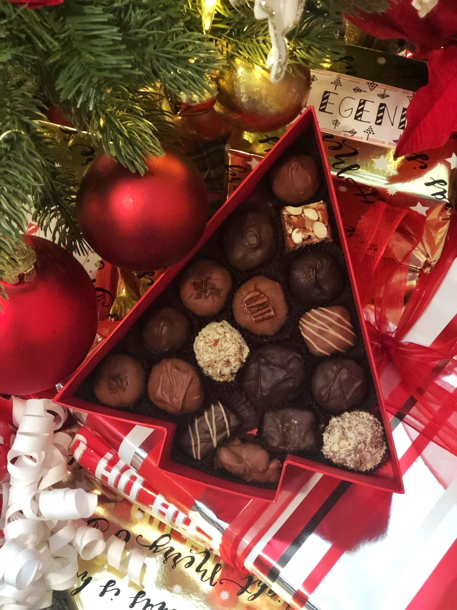 Hand-dipped chocolate assortment in a Christmas tree box